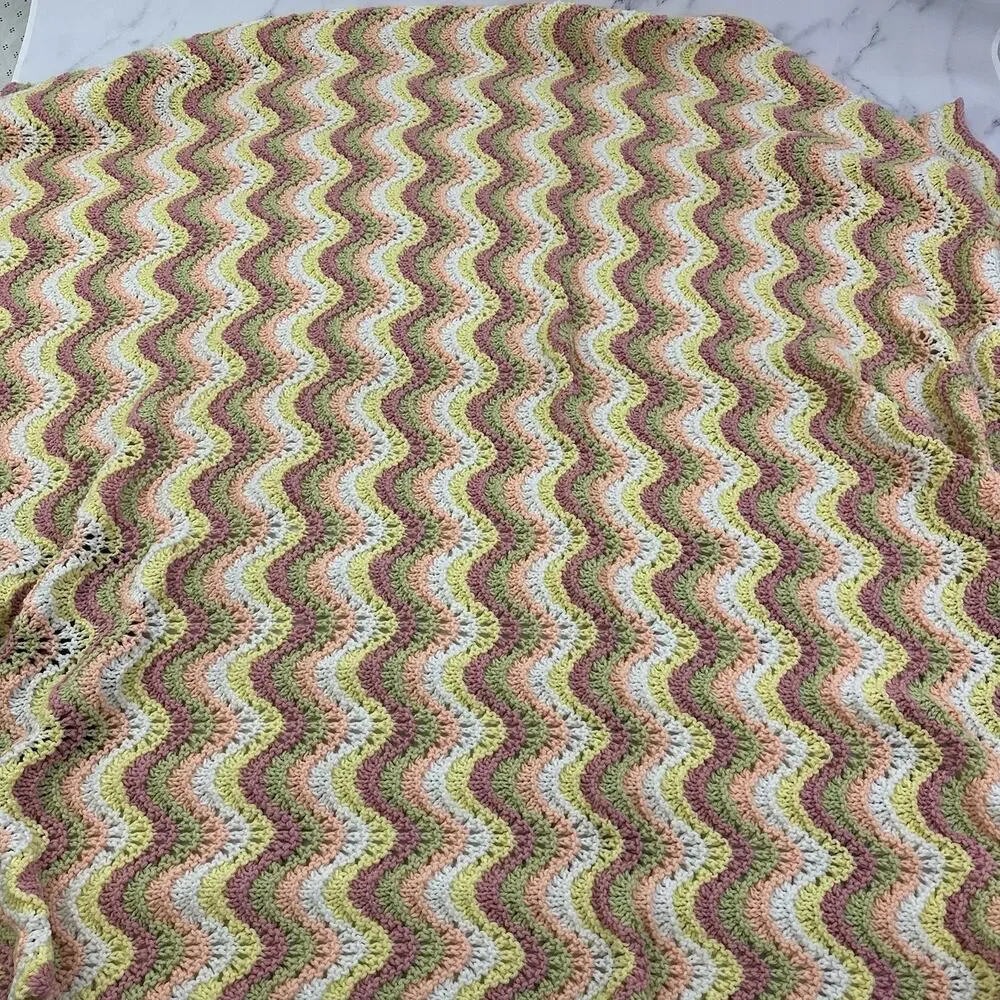 Vintage 80s Handmade Crochet Throw Blanket Pink Yellow Scallop Stripe Cottage